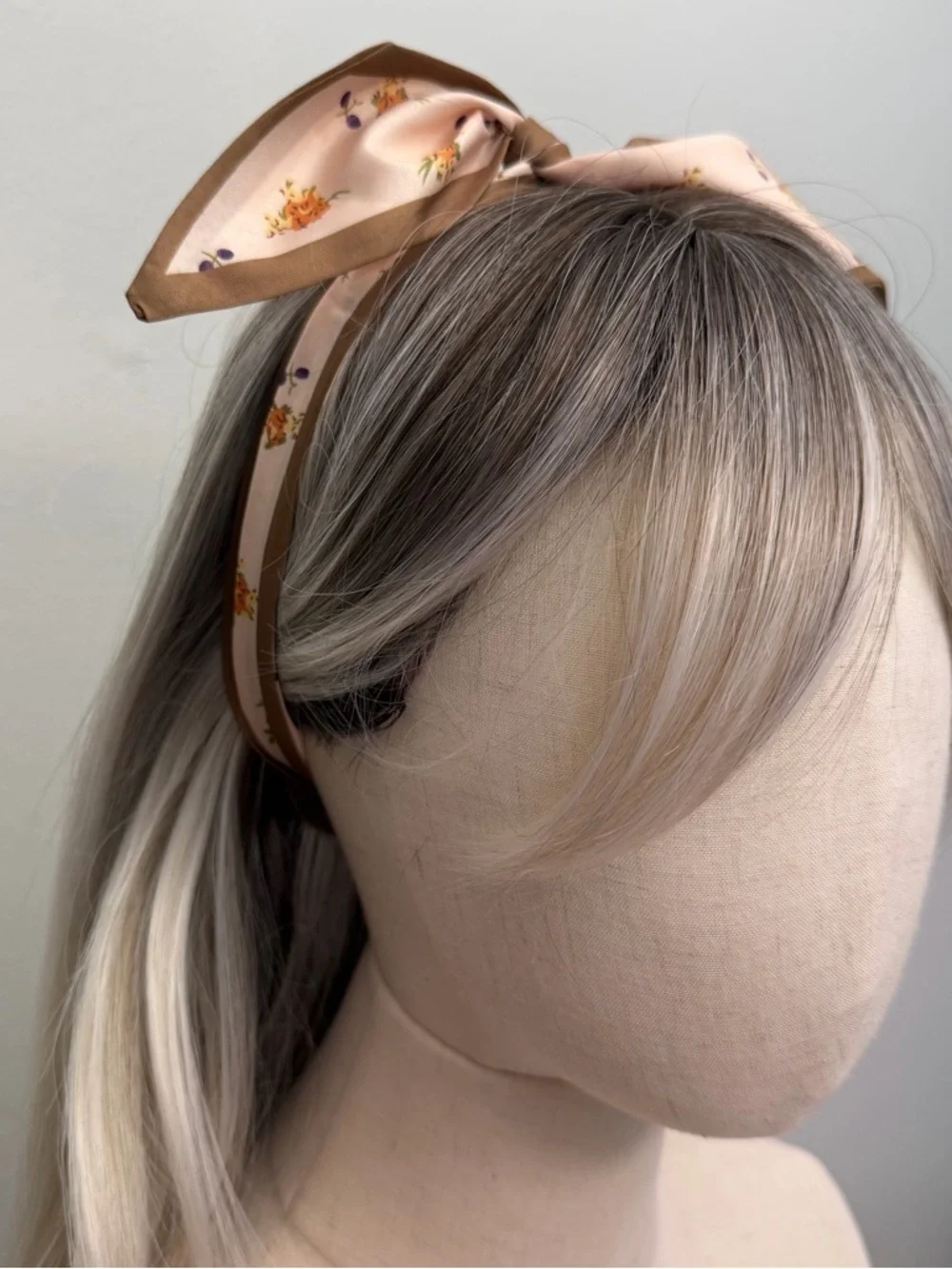 Blush Pink Floral Skinny Scarf Brown Trim Twilly Hair Tie Neck Scarf